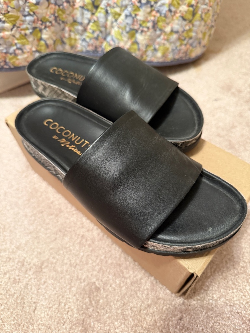 Coconuts by Matisse Black Slide Sandals with Patterned Platform